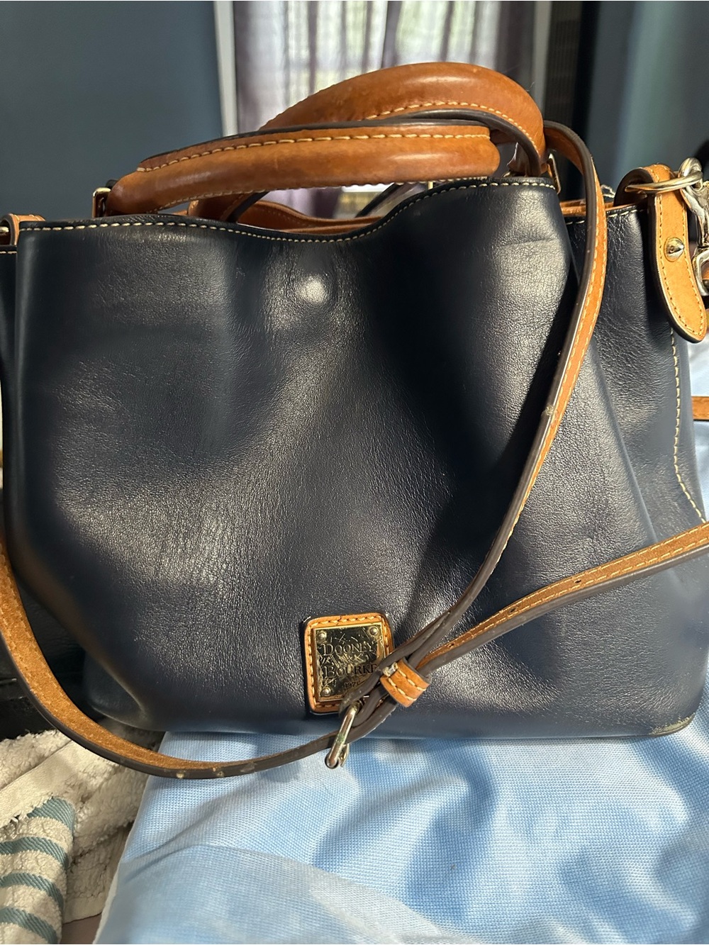 Dooney & Bourke Navy Leather Shoulder Bag with Tan Trim
